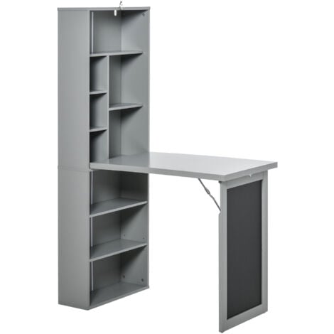 Bureau mural pliable table murale rabattable suspendue sur pied avec bibliothèque tableau à craie intégré panneaux particules gris