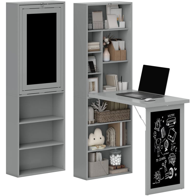 Homcom - Bureau mural pliable table murale rabattable suspendue sur pied avec bibliothèque tableau à craie intégré panneaux particules gris