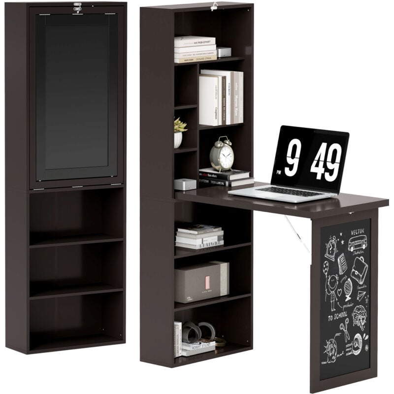 Homcom - Bureau mural pliable table murale rabattable suspendue sur pied avec bibliothèque tableau à craie intégré panneaux particules chocolat