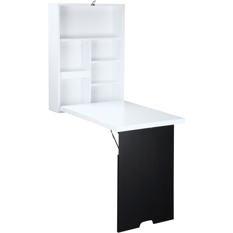 Homcom - Bureau mural pliable table murale rabattable suspendue sur pied étagère + tableau à craie intégré mdf blanc