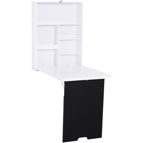 Bureau mural pliable table murale rabattable suspendue sur pied étagère + tableau à craie intégré MDF blanc