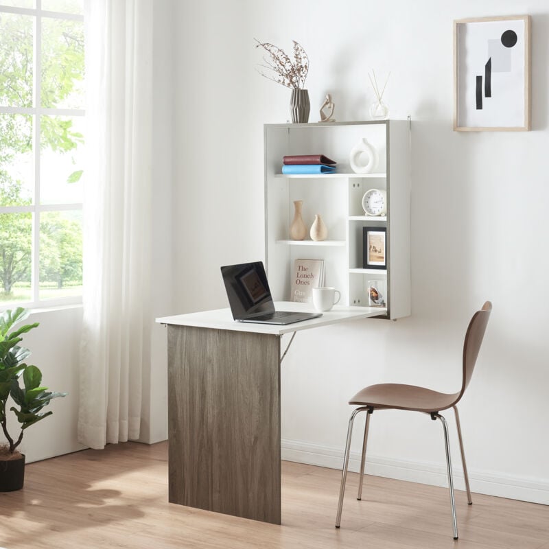 Bureau mural pliant Greve 72 x 77 x 59 cm blanc effet bois [en.casa]