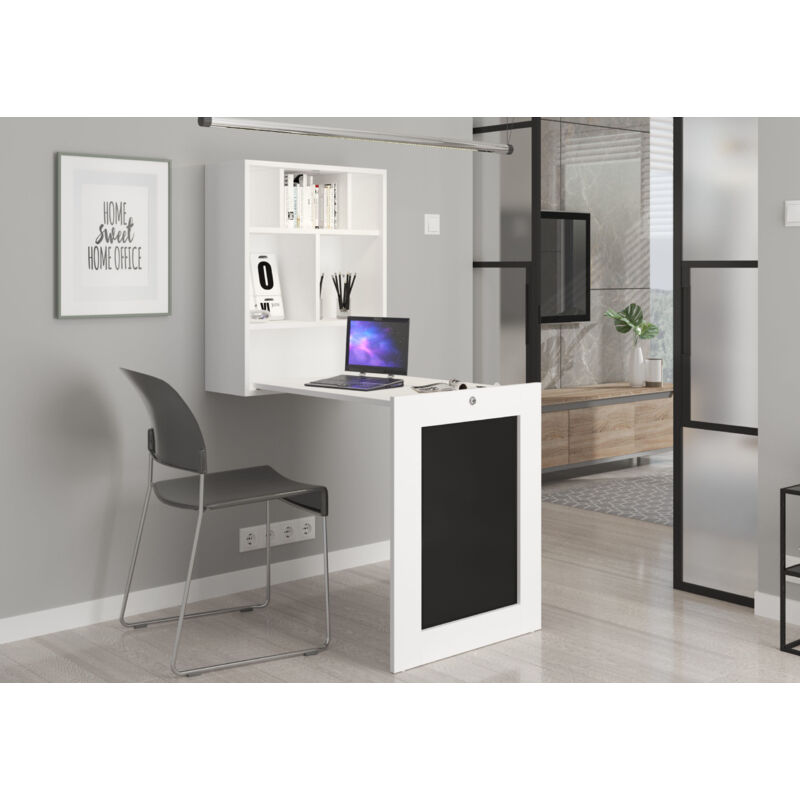 Bureau mural pliant TILT blanc mat + tableau noir
