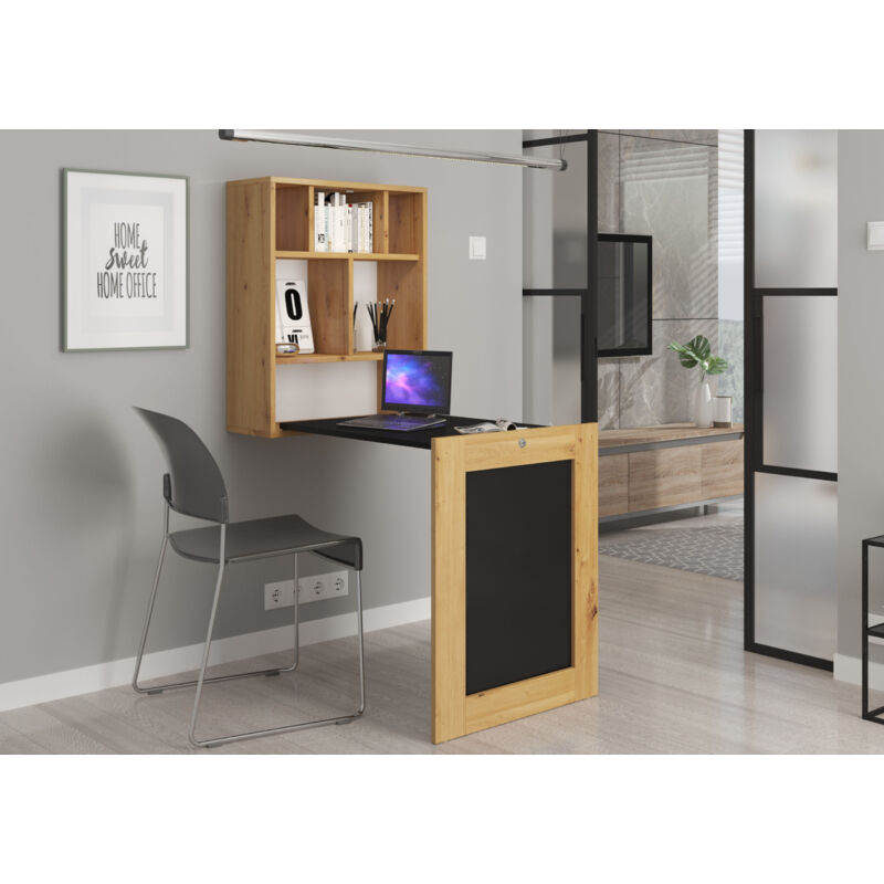 Bim Furniture - Bureau mural pliant tilt chêne artisanal + tableau noir