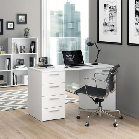 Vicco – Bureau droit blanc 137 x 76 cm avec 4 tiroirs – Panneau de particules 16 mm – Revêtement mélamine facile à entretenir
