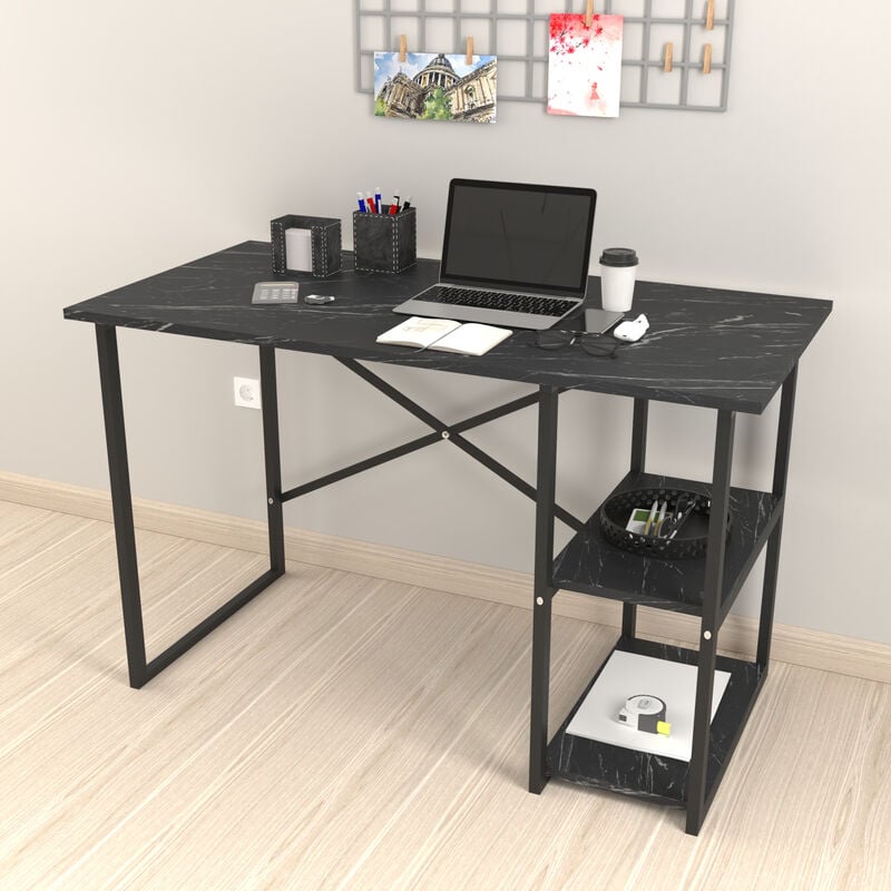Bureau avec 2 étagères latérales dans un cadre en métal noir et des planchers de différentes couleurs Couleur : Effet en marbre noir