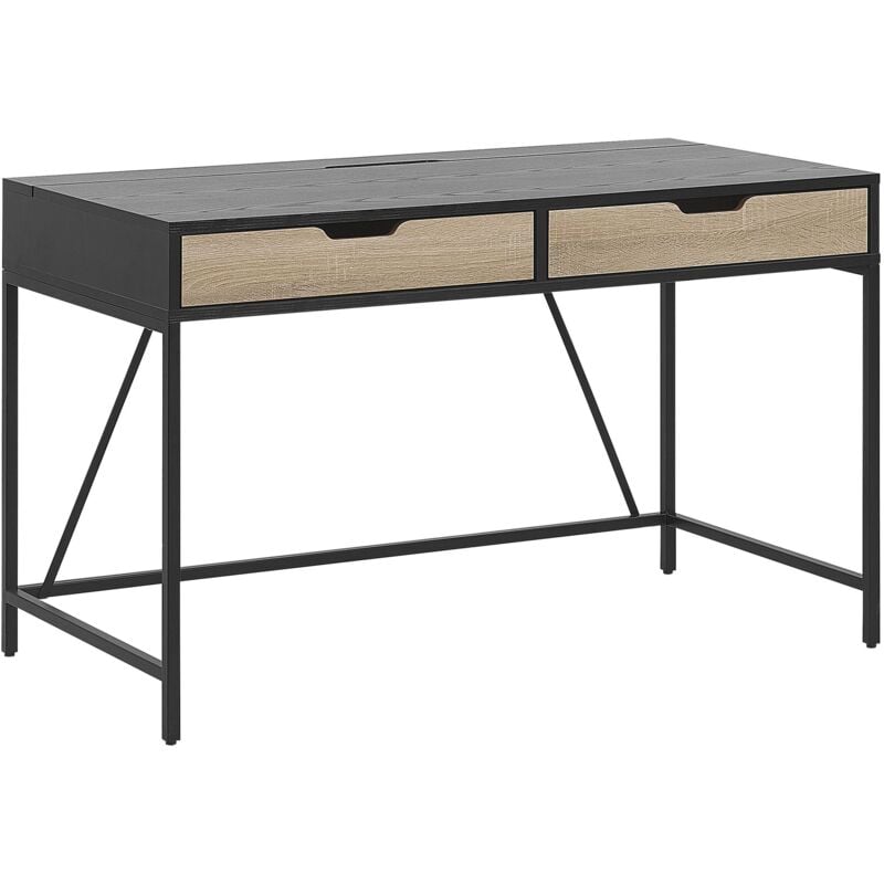 Beliani - Table Bureau Effet Bois Clair et Noir avec 2 Tiroirs Pratiques Design Tendance pour Chambre ou Salon au Style Rétro Moderne et Industriel
