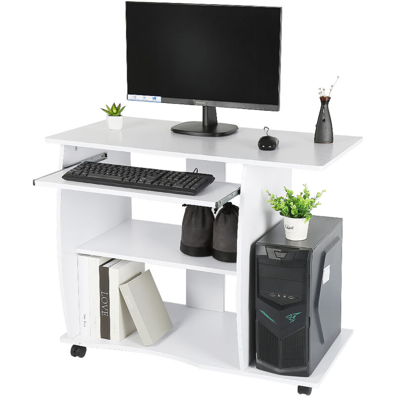 Bureau ordinateur bureau bureau table & rouleaux table pc avec étagères 90x75x50cm blanc