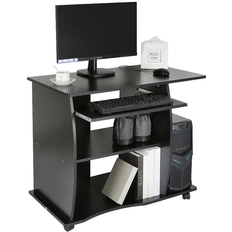 Bureau ordinateur bureau bureau table & rouleaux table pc avec étagères 90x75x50cm noir