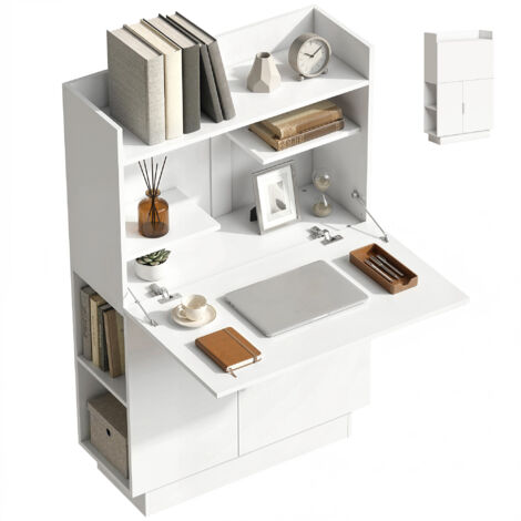Bureau ordinateur pliant bureau informatique plateau rabattable étagères placard 80x30x128 cm blanc