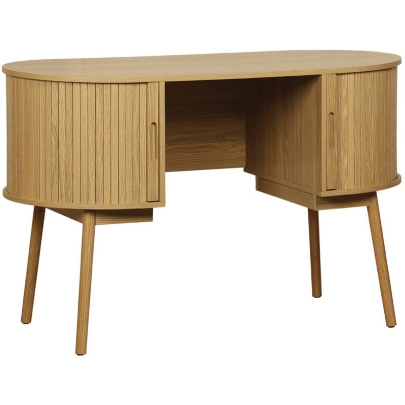 Bureau ovale effet bois rainuré avec deux espaces de rangement. L 120 x P 55 x H 77 cm