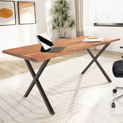 Bureau pieds croix 140x80x76 cm en acacia naturel et métal noir