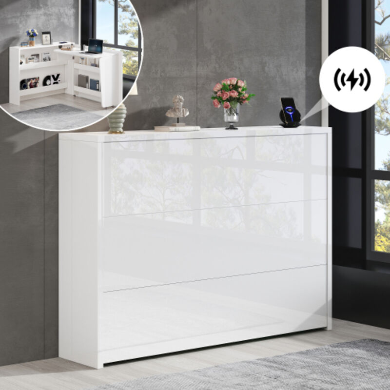Bureau Pliable avec Roulettes & Wireless Charger-Blanc Laqué 2 en 1 Sideboard & Poste de travail,115×27×93 cm fermé, 95×51 cm surface de table, avec Bureau Pliable avec Roulettes & Wireless Charger-Blanc Laqué 2 en 1 Sideboard & Poste de travail,115×27×93 cm fermé, 95×51 cm surface de table, avec