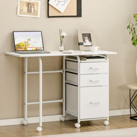 Bureau Pliable Blanc avec 3 Tiroirs et Roues Verrouillables CW38065