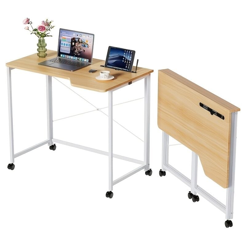 Sifree - Bureau Pliable en Bois Massif avec Roulettes Bloquables - Bureau pc Économiseur d'Espace 90x56x75cm Charge Maximale 150kg, Avec emplacement