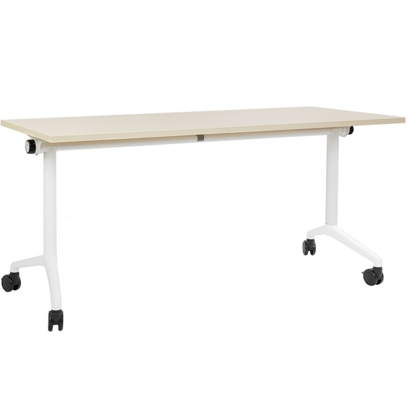 Beliani - Bureau Pliable Moderne 160 x 60 cm Rectangulaire à Roulettes Mobile Cadre Métallique Bois Clair et Blanc Cavi
