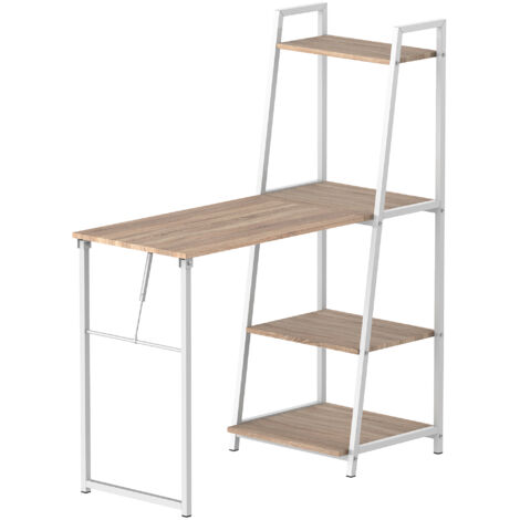 Bureau Pliable Rabattable - Bureau bibliothèque 2 en 1-4 étagères - Imitation chêne Clair métal Blanc