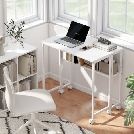 Bureau pliable sur roulettes 80 x 50 cm avec étagère et sac de rangement. blanc
