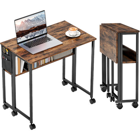 Bureau pliable sur roulettes 80 x 50 cm avec étagère et sac de rangement, brun rustique
