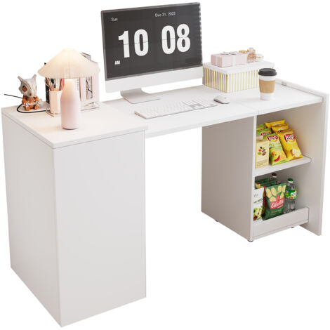Bureau pliant multifonction 126x55x72,5 cm avec armoire intégrée 2 compartiments, rangement optimisé haute résistance, meuble bureau chambre, blanc