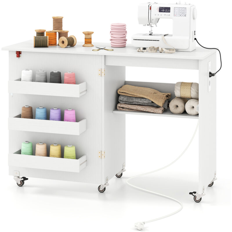 Bureau Pliante avec Station de Charge, Table de Couture Pliable avec Étagère et Tiroirs, Armoire à Roulettes Verrouillables, 116 x 41 x 78 cm, Blanc