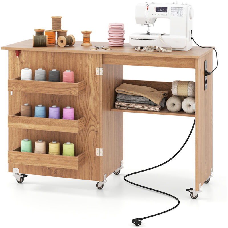 Bureau Pliante avec Station de Charge, Table de Couture Pliable avec Étagère et Tiroirs, Armoire à Roulettes Verrouillables, 116 x 41 x 78 cm, Naturel