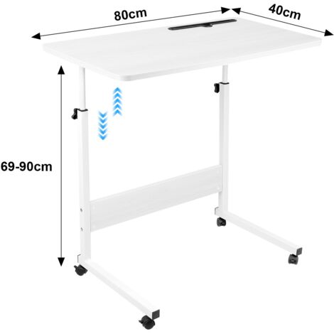 Bureau Portable Réglable en Hauteur avec Plateau MDF et Roulettes Bloquantes - Table Multifonction pour Canapé/Lit/Bureau, Porte-Gobelets Intégré, Structure Métallique Durable - Dimensions 80x40x69-90
