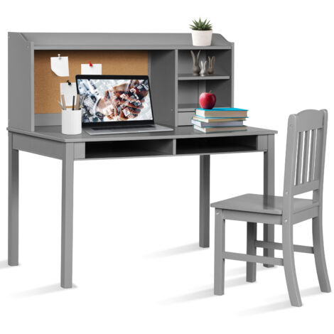 Bureau pour Enfant avec Chaise, Plateau, Tiroirs, Étagères, Tableau d'Affichage en Liège, Station de Bureau pour Chambre, Bureau, Salon, Gris