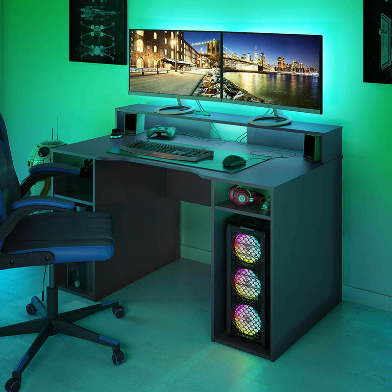 Bureau pour Ordinateur, Station e-Gaming coloris anthracite en Bois mdf - 88 x 136 x 67 cm Pegane