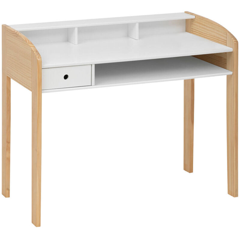 Atmosphera – Bureau enfant en bois blanc et naturel H 85 cm – Design scandinave – Rangement optimisé avec tiroir et niches – Montage facile