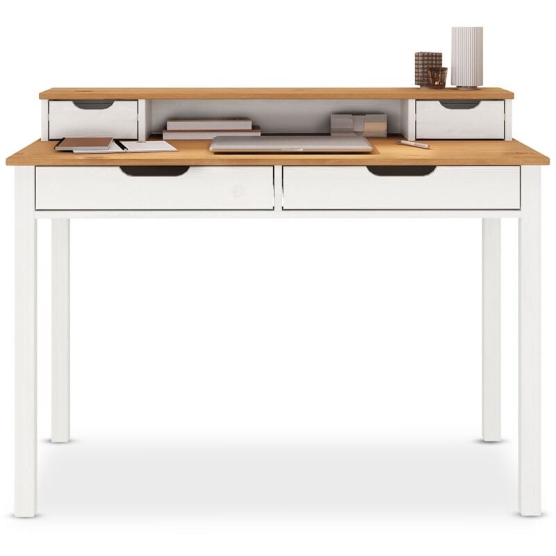 Idimex - Bureau raul l 114 cm 4 tiroirs en bois massif - Blanc et chêne