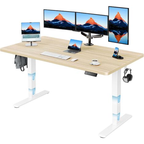 Bureau réglable en hauteur 160 x 80 cm, plateau complet, bureau électrique réglable en hauteur de 60 à 125 cm, piètement à 3 niveaux supportant jusqu'à 120 kg et équipé de 2 moteurs, bureau assis-debo