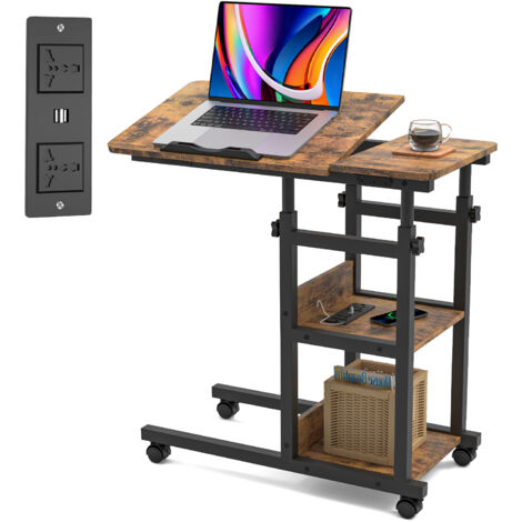 Bureau Réglable Hauteur (63-90cm) Style Industriel – 2 Étagères & Roulettes pour Canapé/Chambre – Panneau de Particules 80x40x64-95cm – Bureau Debout Mobile