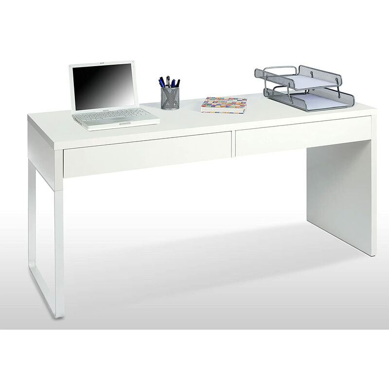 Pegane - Bureau réversible avec 2 tiroirs coloris Blanc Artic - Longueur 138 cm x Profondeur 50 cm x Hauteur 75 cm