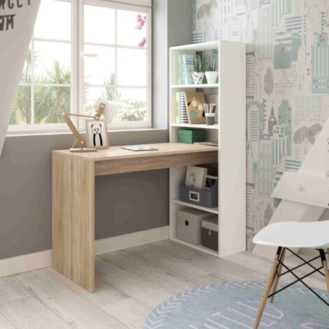 Bureau réversible bois et blanc avec étagères