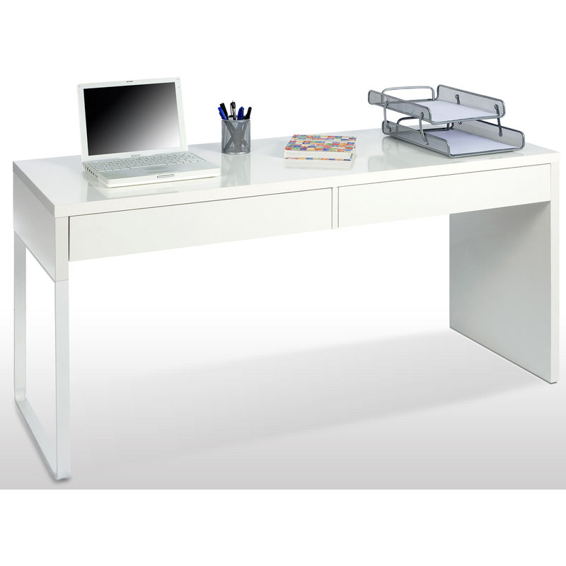 Pegane - Bureau réversible en bois coloris blanc brillant avec 2 tiroirs - Dim : l 138 x h 75 x p 50 cm