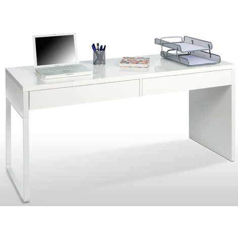 Bureau réversible en bois coloris blanc brillant avec 2 tiroirs - Dim : L 138 x H 75 x P 50 cm -PEGANE-