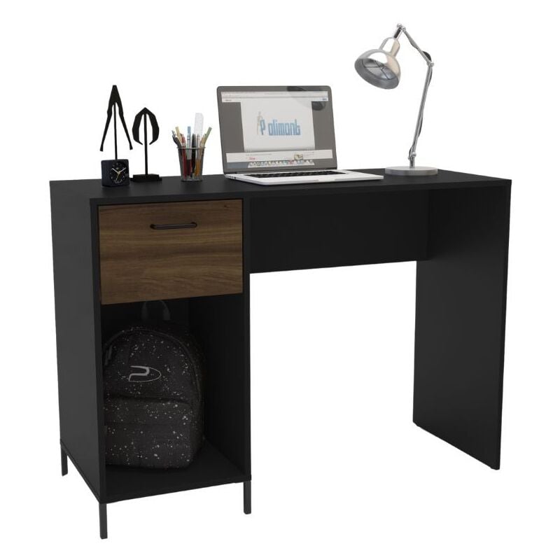Bureau Santa Monica Chêne Foncé et Noir 110 cm 1 Tiroir de Rangement