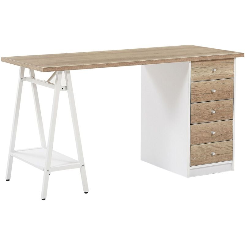 Beliani - Bureau 140 x 60 cm Effet Bois Clair et Blanc avec 5 Tiroirs Pratiques et Pieds Design Tendance Idéal pour Intérieur Minimaliste et