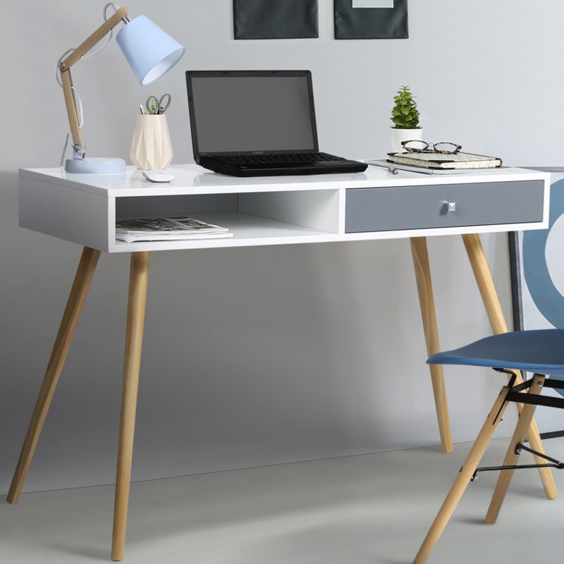 Bureau scandinave EFFIE bois blanc tiroir gris 13384 Bureau scandinave blanc robuste avec étagère intégrée