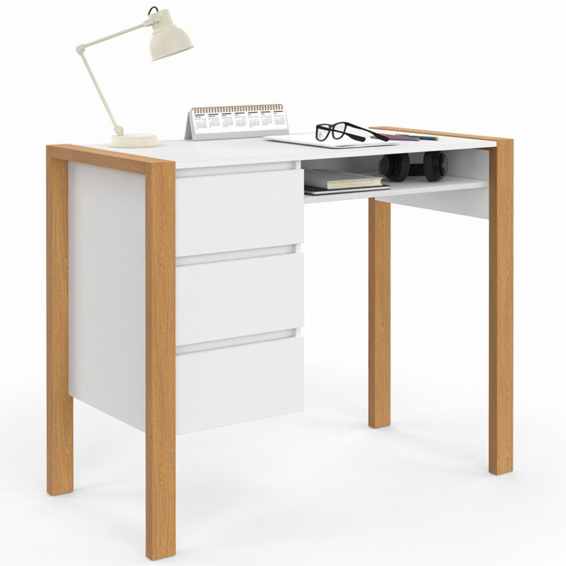 Bureau scandinave blanc et bois avec 3 tiroirs et niche