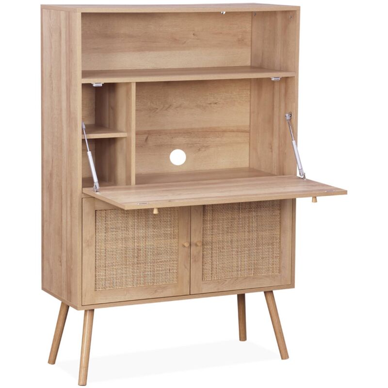 Sweeek - Bureau secrétaire. 2 portes en cannage. étagères. effet bois. pieds en bois de sapin