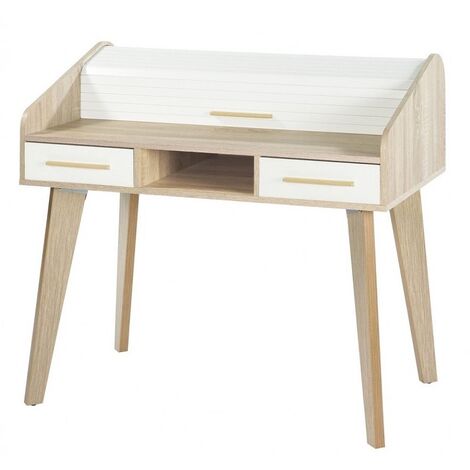 Bureau secrétaire 2 tiroirs chêne clair et blanc happy 104cm