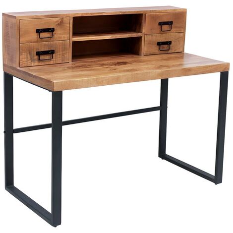 Bureau secrétaire avec rangements HARLEM - 4 tiroirs - Bois de manguier et métal - Naturel foncé