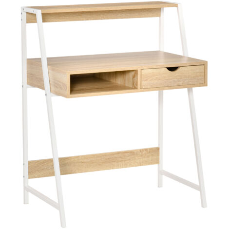 Bureau secrétaire Bureau Informatique Style néo-rétro tiroir Niche étagère métal blanc. aspect chêne clair