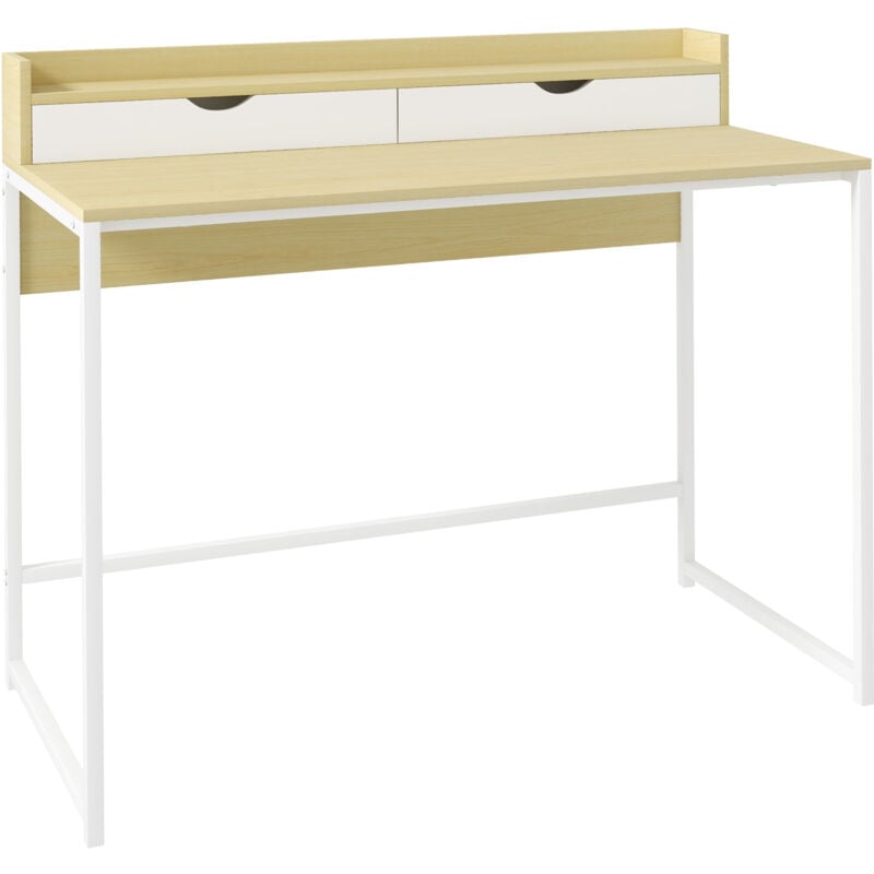 Homcom - Bureau secrétaire style contemporain - 2 tiroirs, étagère - acier blanc aspect bois clair