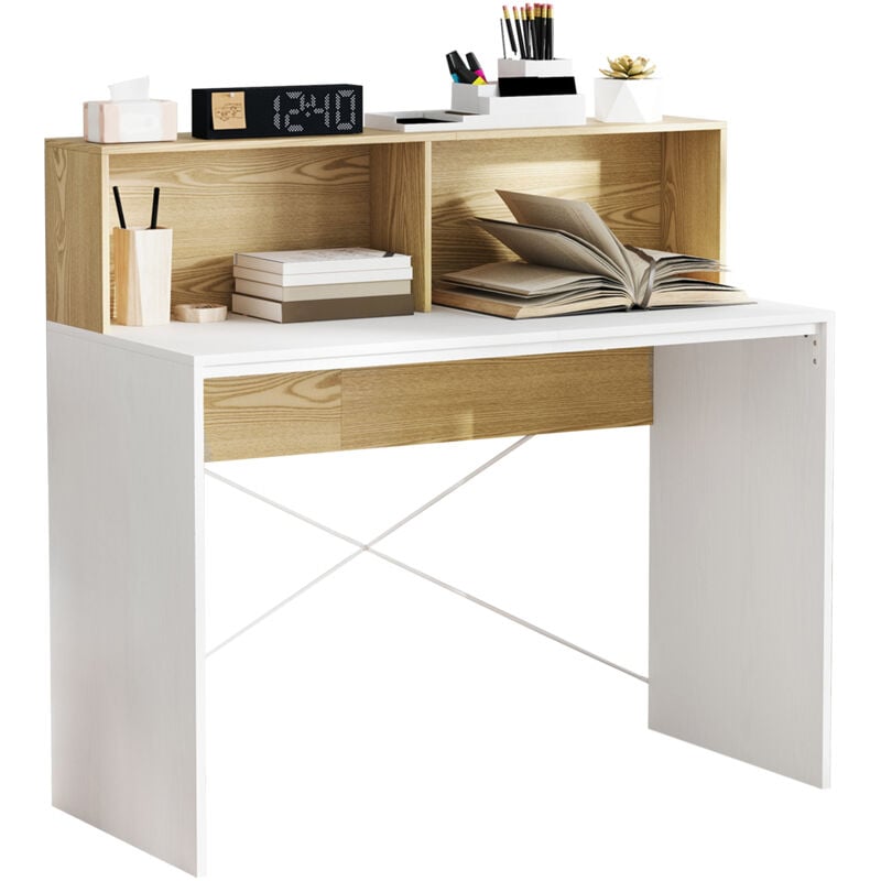 Homcom - Bureau secrétaire style cosy - 2 niches, étagère - effet bois blanc et clair