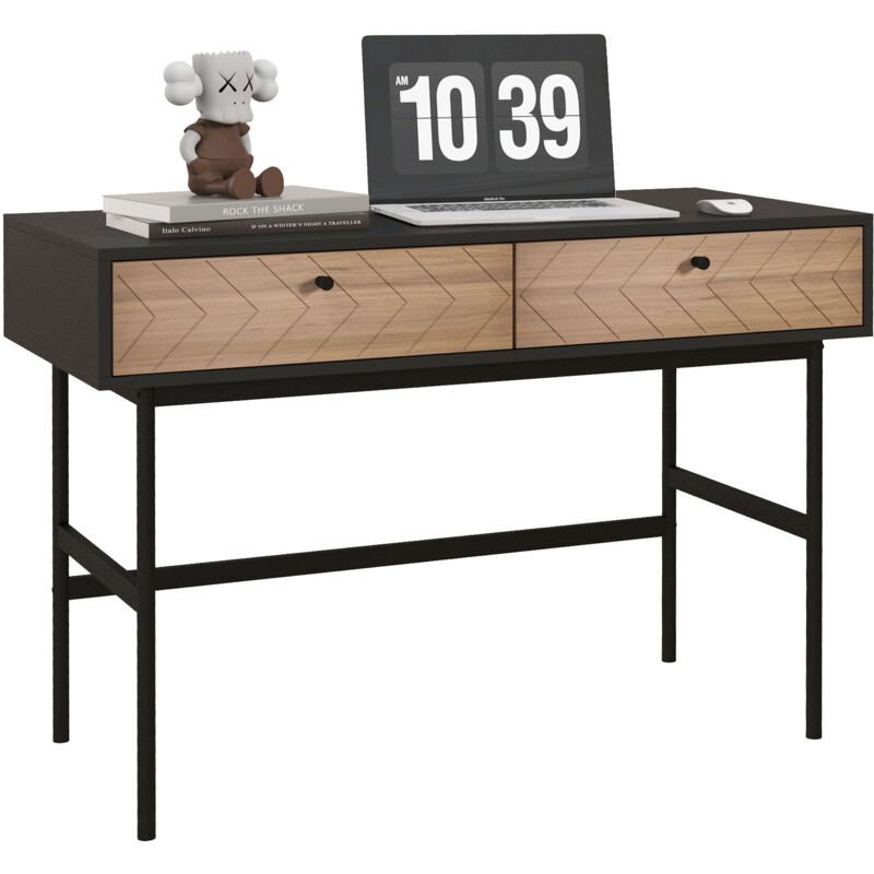 Homcom - Bureau secrétaire style graphique - 2 tiroirs façades chevrons - acier noir aspect bois