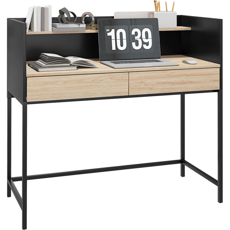 Homcom - Bureau secrétaire style industriel - 2 tiroirs, étagère - métal noir aspect chêne clair
