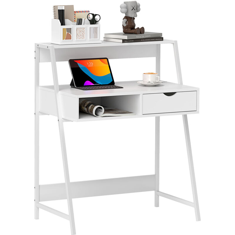 Homcom - Bureau secrétaire bureau informatique style néo-rétro tiroir niche étagère métal blanc aspect bois blanc